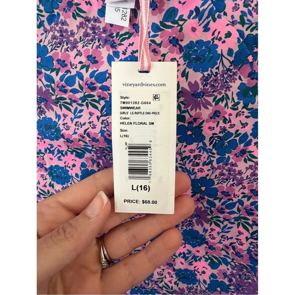Vineyard Vines Pink & Blue Floral Long-Sleeve One-Piece Swimsuit size large (16)